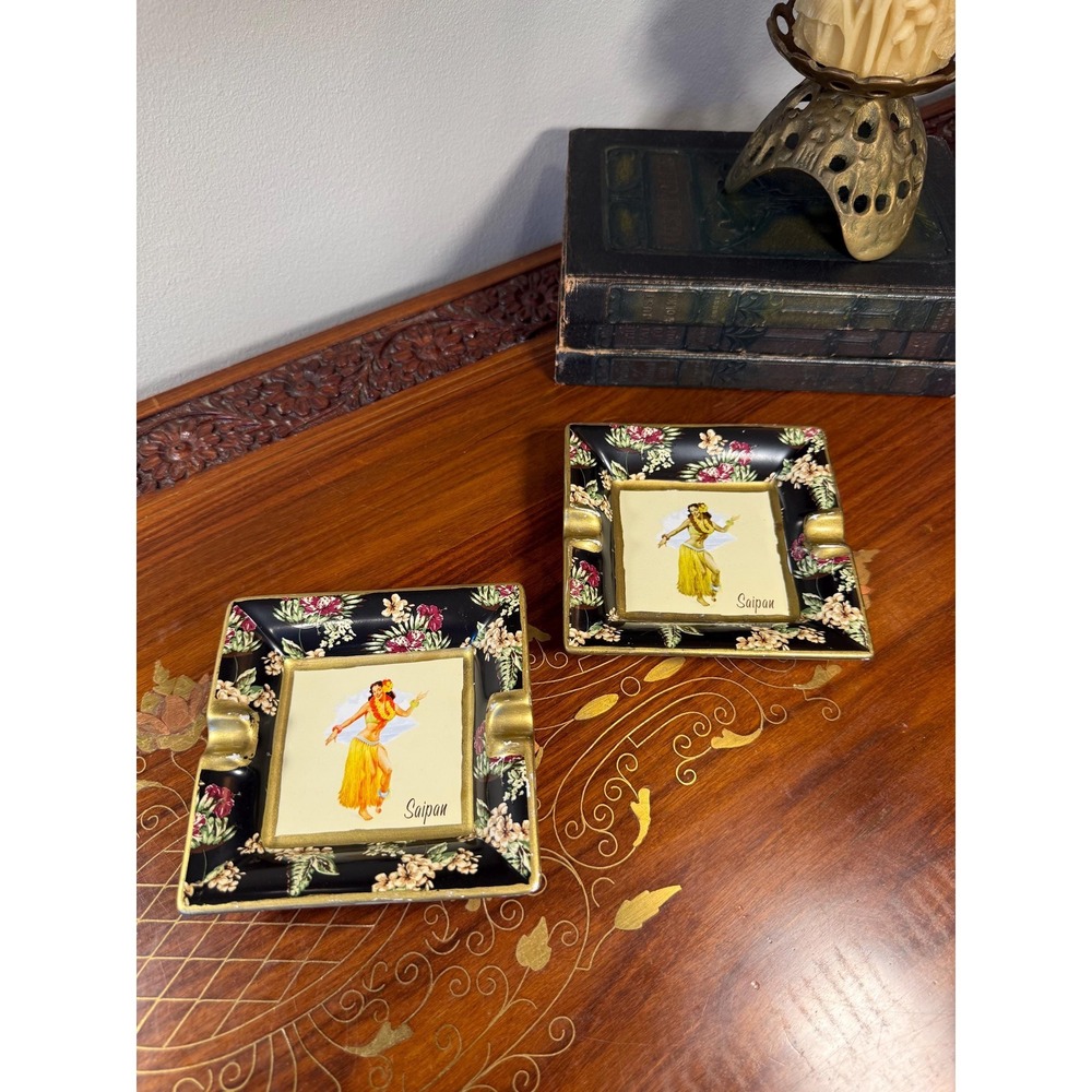 Vintage Saipan Souvenir Ashtray Set • Mid Century Hula‎ Dancer Motif